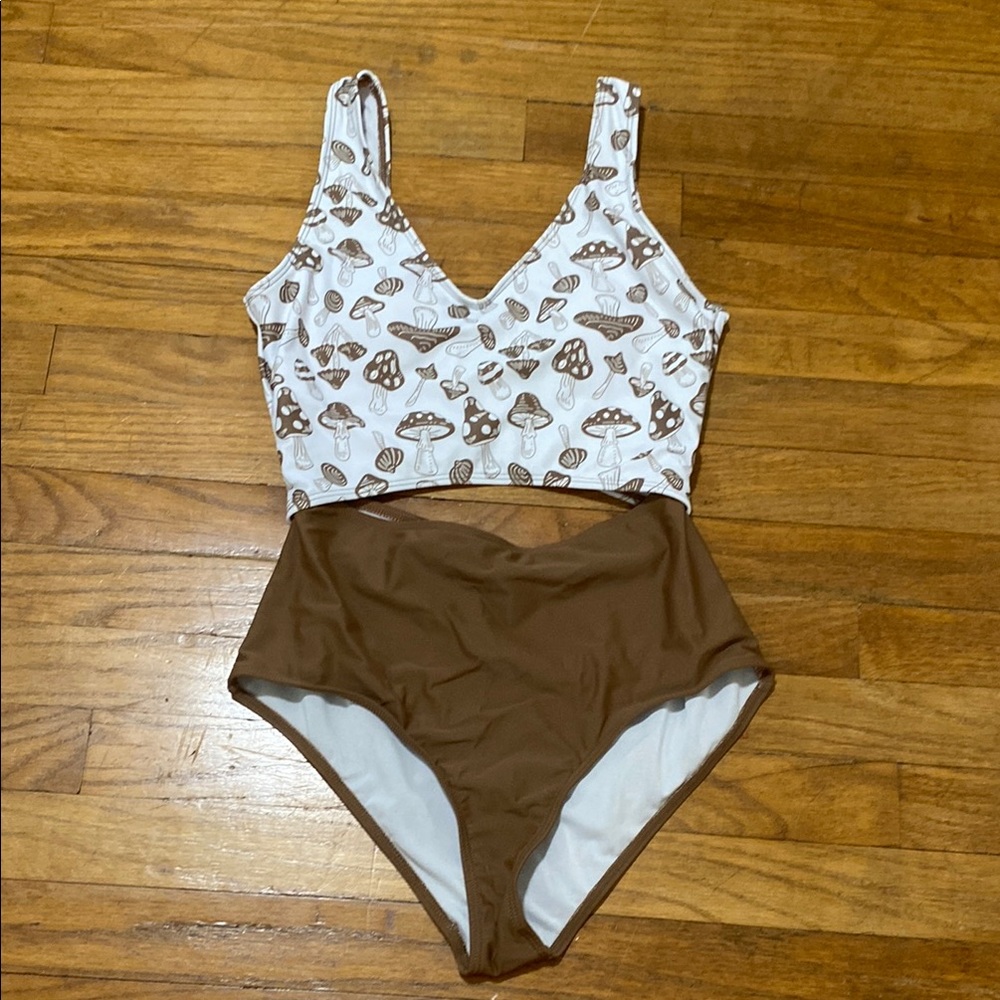 SHEIN Brown and White Mushroom Print One Piece Swimsuit